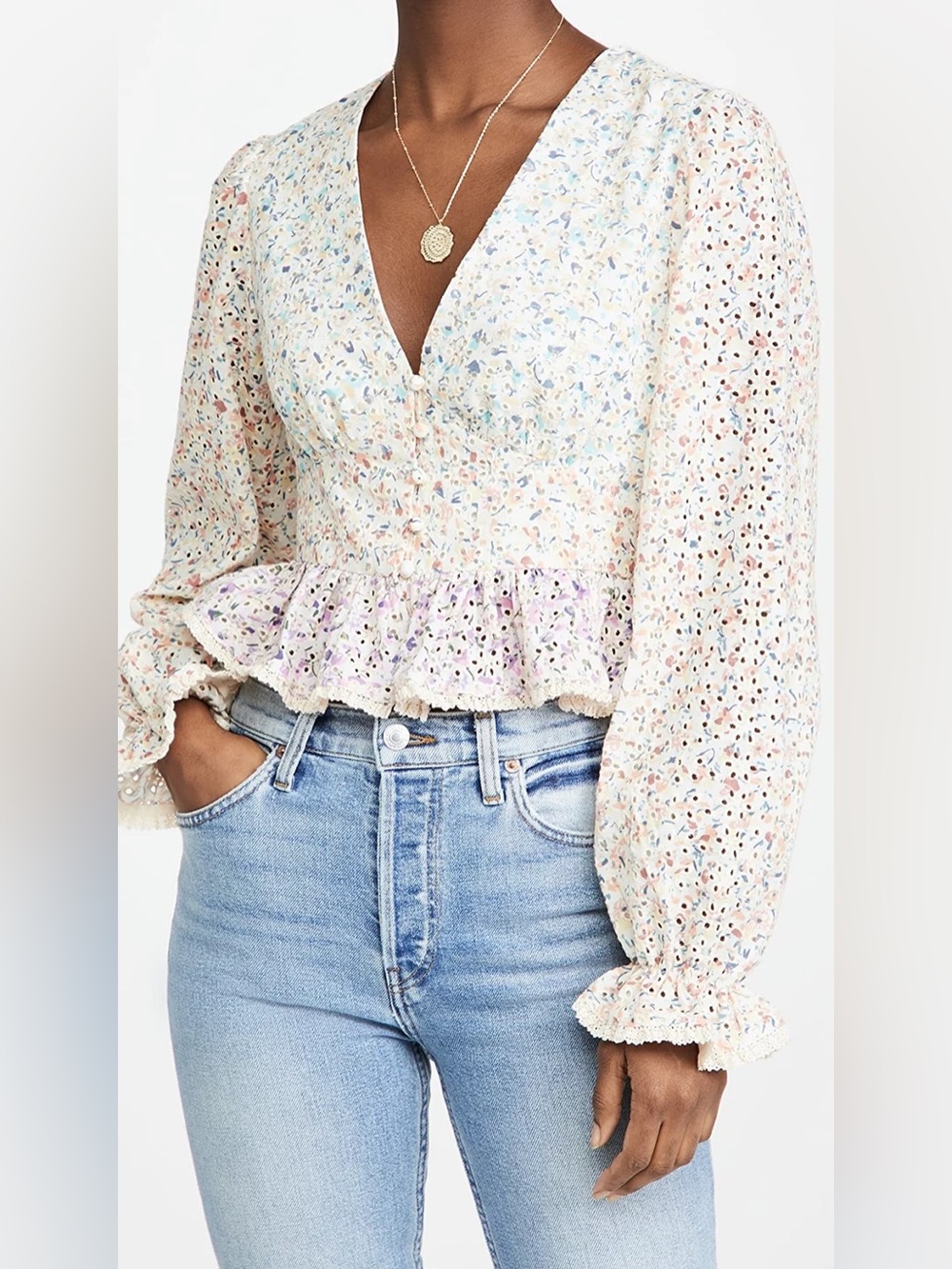 Free the Roses Floral Eyelet Blouse Size Small Cream Multi NWT